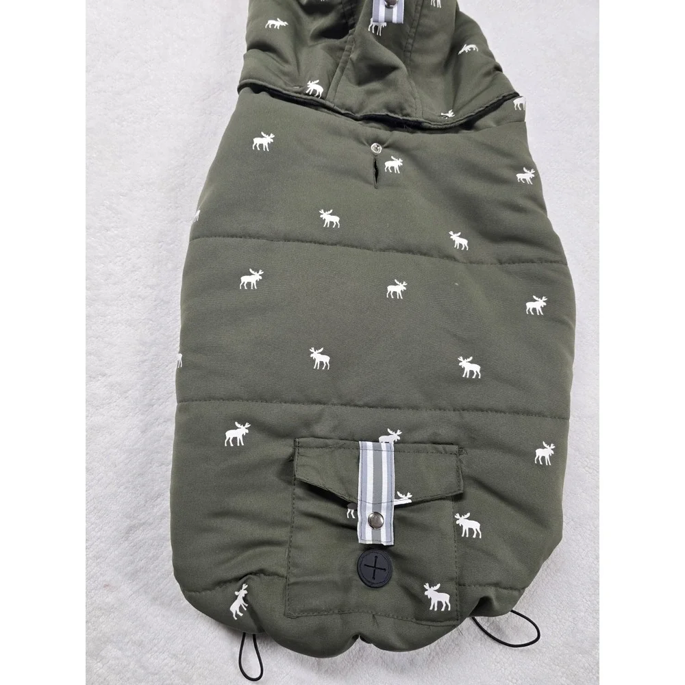 Winter Dog Vest with Hood - Green Moose Pattern, Plaid Fleece Lined, Size XL...